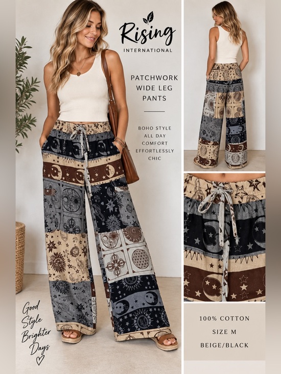 Rising International Pants - Rising International Patchwork Wide Leg Pants, Size M, Beige/Black